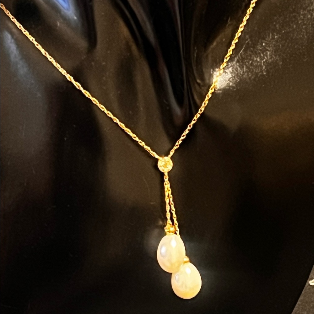 14K Gold Diamond & Pearl Lariet Necklace